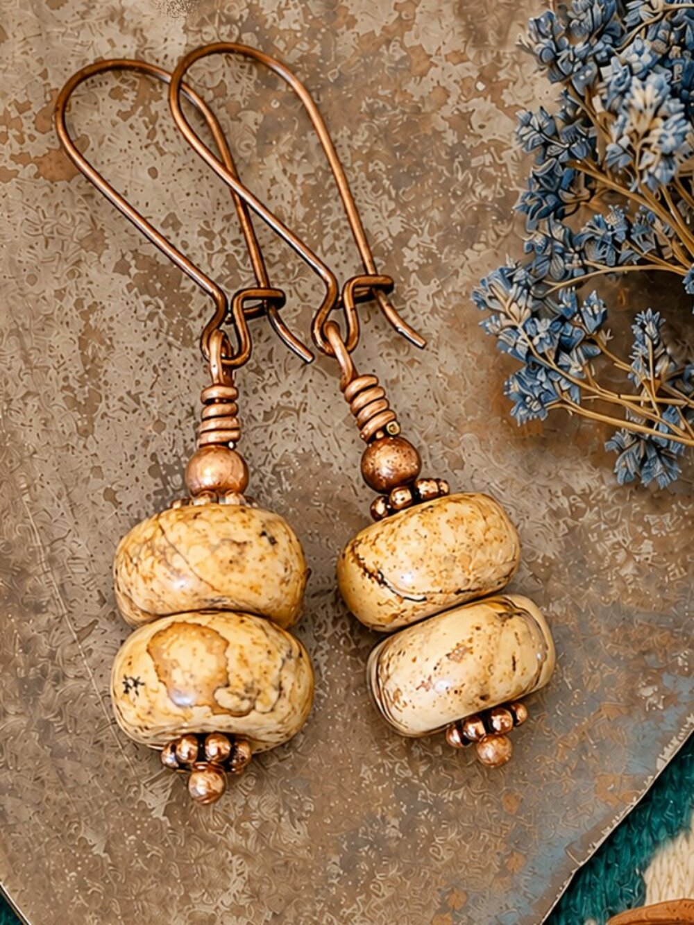 American Picture Jasper And Copper Boho Earrings Handmade